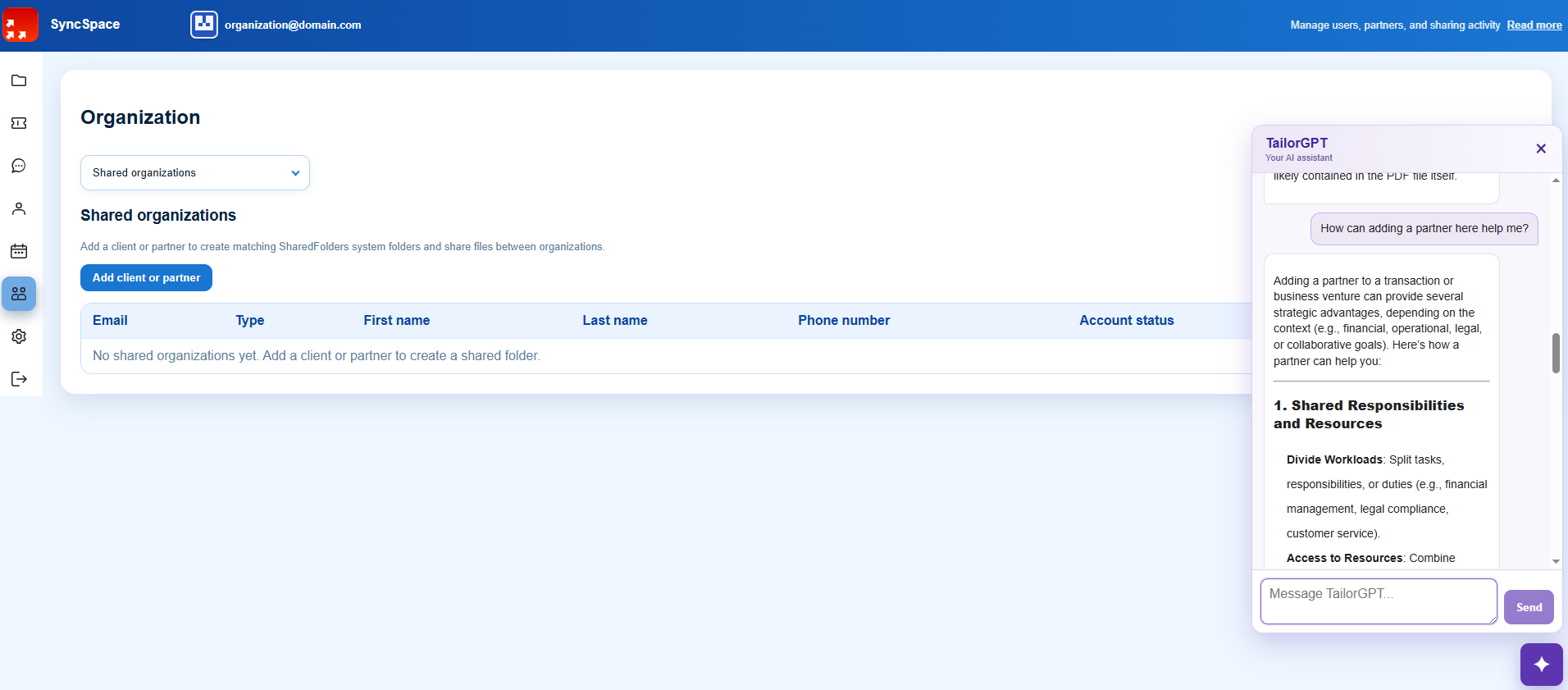 SyncSpace shared organizations screen for adding a client or partner with TailorBOT open alongside it