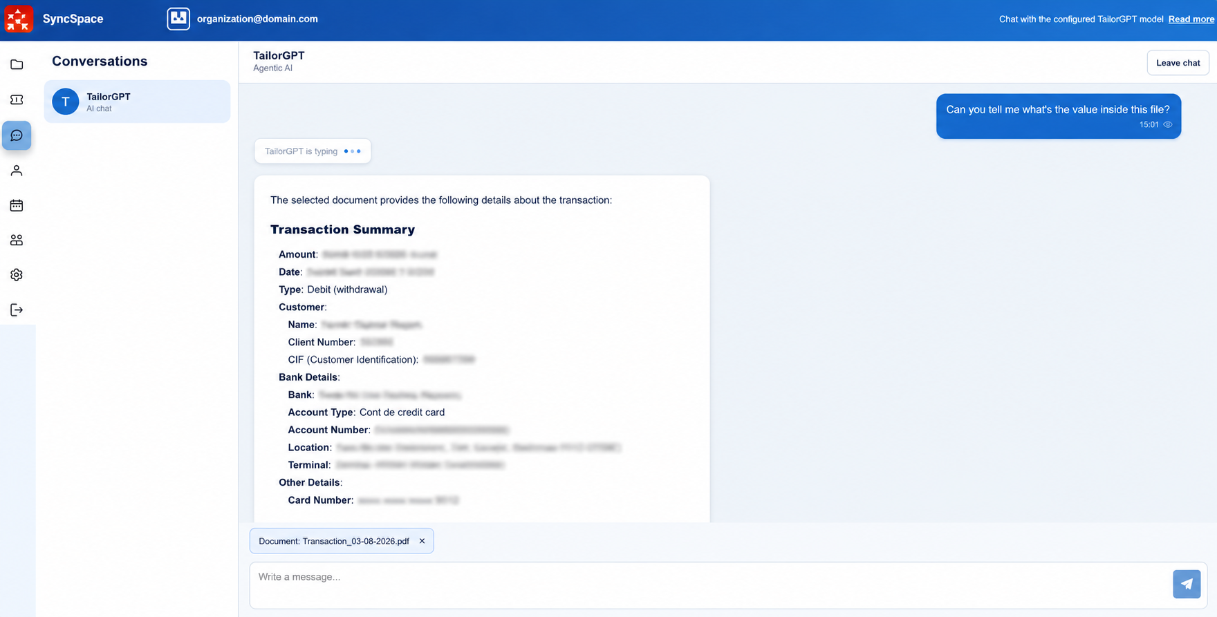 TailorBOT structured answer based on information extracted from a transaction document