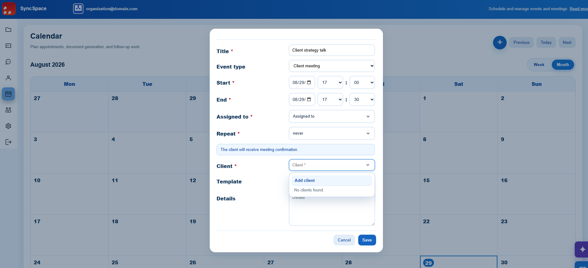 SyncSpace calendar form for scheduling a client meeting