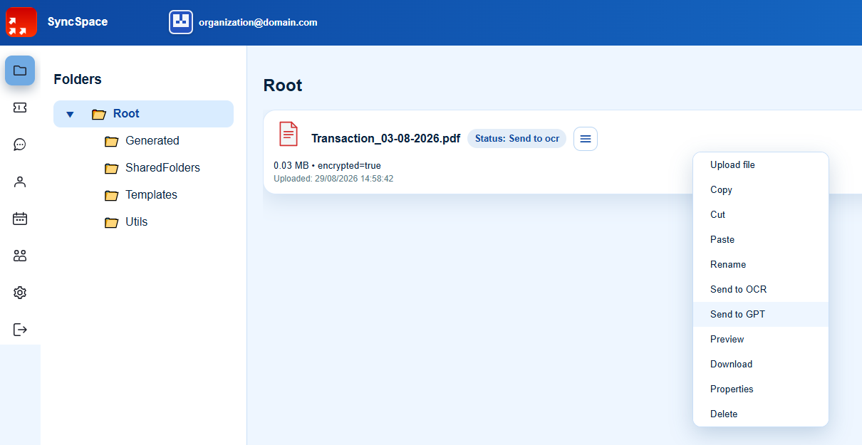SyncSpace file actions menu with Send to GPT selected