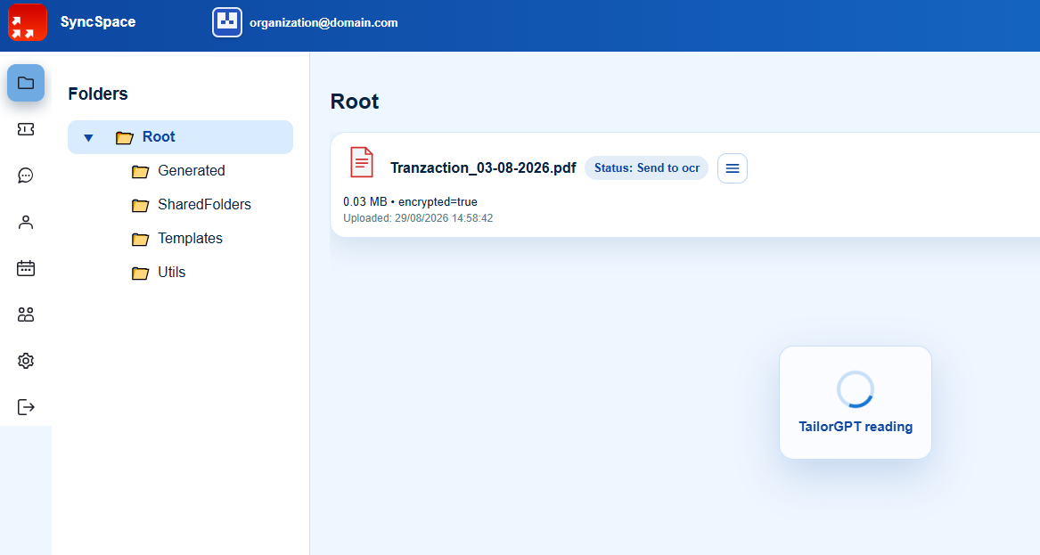 SyncSpace file area showing a document being read by TailorBOT