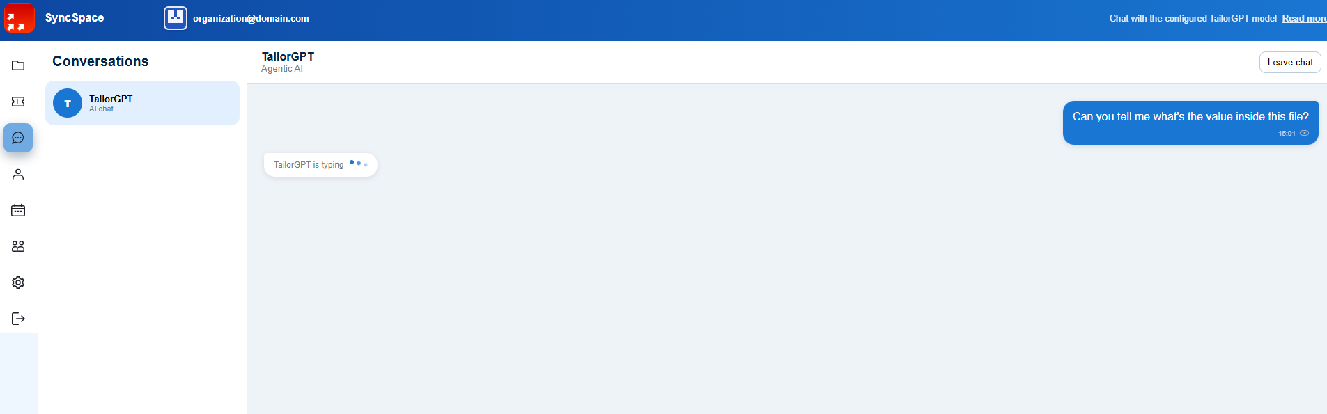 TailorBOT chat answering a question about a selected SyncSpace document