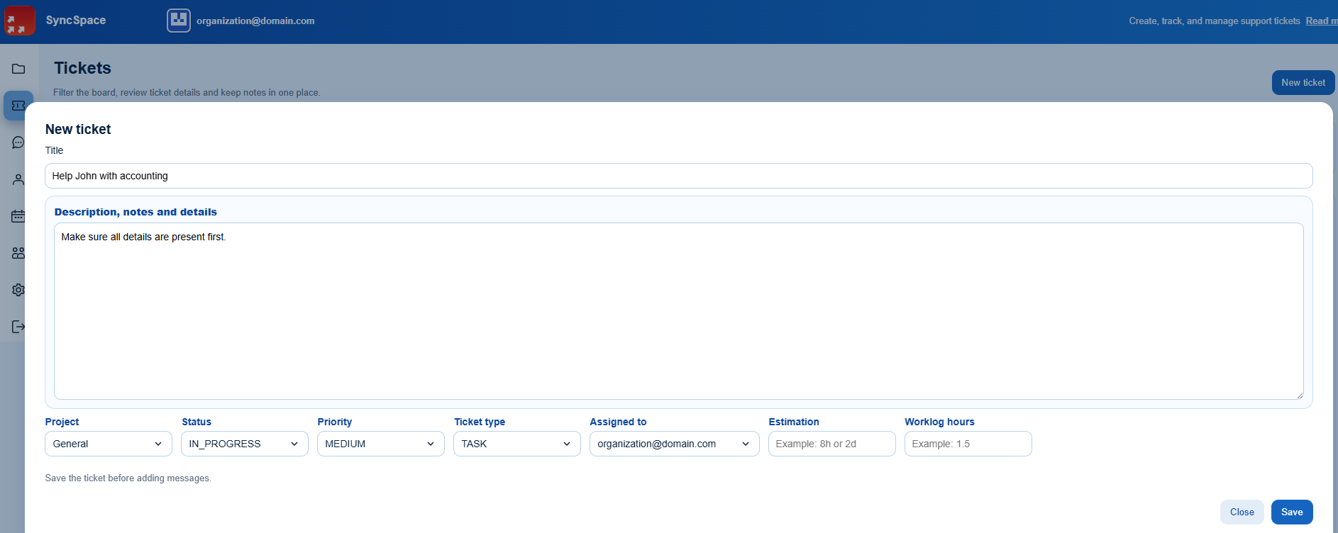 SyncSpace new ticket form with assignment, status, priority and estimation fields