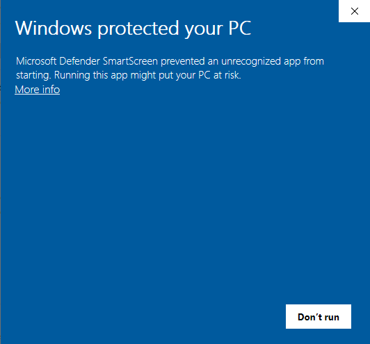 Windows protected your PC screen with the More info link